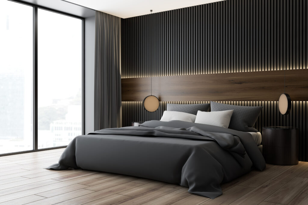 Corner,Of,Modern,Bedroom,With,Dark,Wood,And,Gray,Walls,