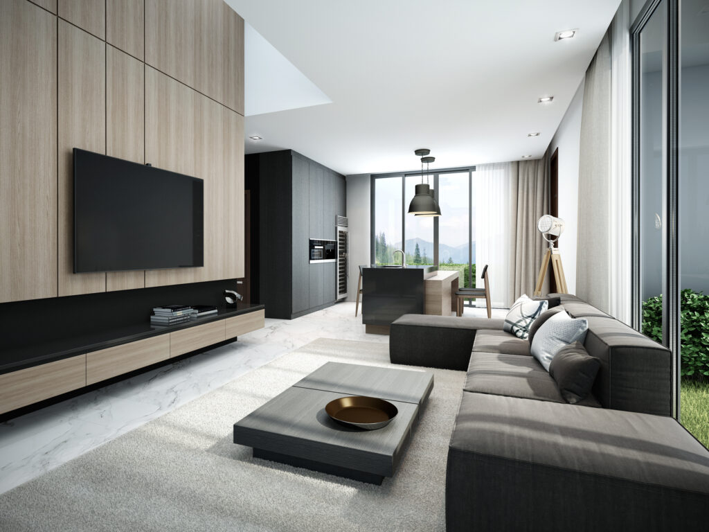 Modern,Living,Room,And,Kitchen,3d,Render